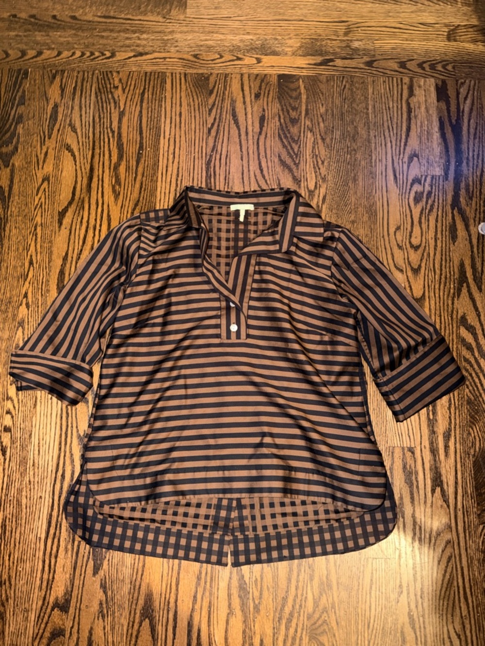 Hinson Wu Aileen Striped Half-Sleeve Tunic Top in camel Brown and Black large